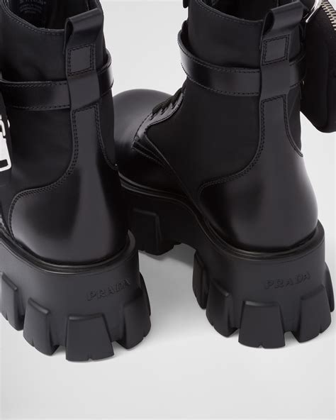 prada leather combat boots with removable nylon pouch|chunky Prada monolith boots.